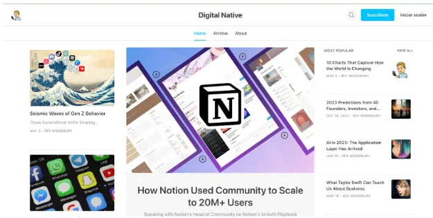 Digital Native newsletter homepage showing featured article on how Notion used community to scale to 20M+ users