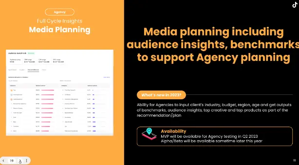 TikTok slide: Media Planning with audience insights and benchmarks to support agency planning, MVP in Q2 2023