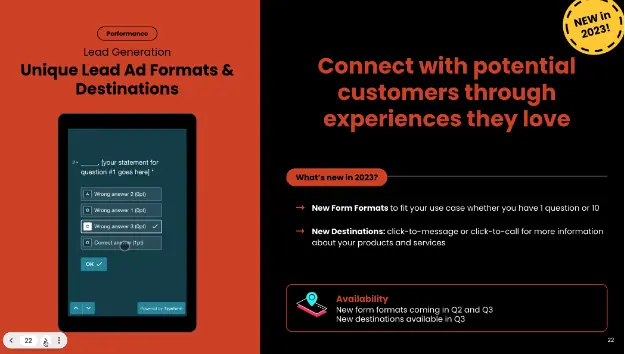 TikTok slide 'Connect with potential customers through experiences they love' on new lead ad formats, new in 2023