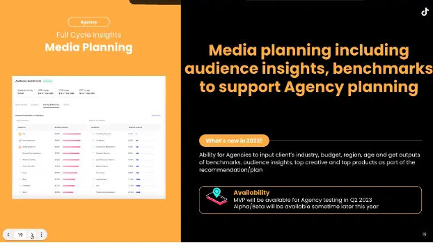 TikTok slide on Media Planning with audience insights and benchmarks to support agency planning