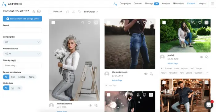AspireIQ content library dashboard showing influencer photos with filters and campaign tools
