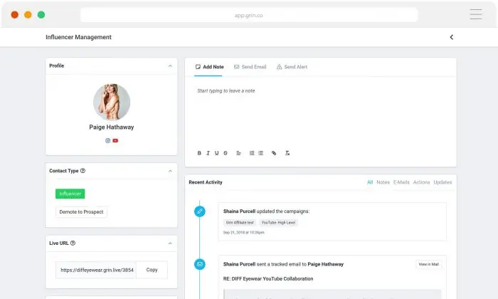 Grin influencer management dashboard showing an influencer profile, notes and recent activity