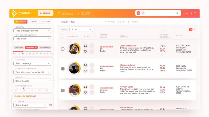 influData influencer search platform interface with filters and a list of Instagram profiles