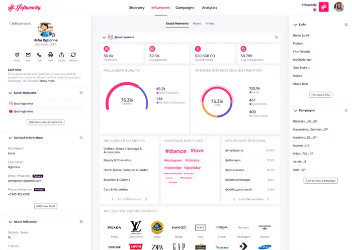 Influencity dashboard showing an influencer profile with follower quality, interactions and brand affinity