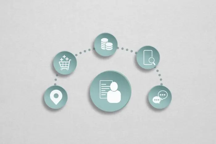 Diagram of a customer profile connected to icons for location, shopping cart, coins, mobile search and chat