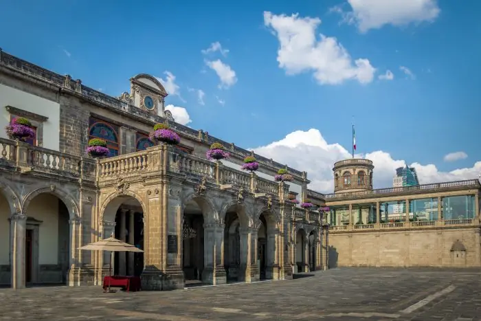 Chapultepec Castle courtyard in Mexico City under a blue sky