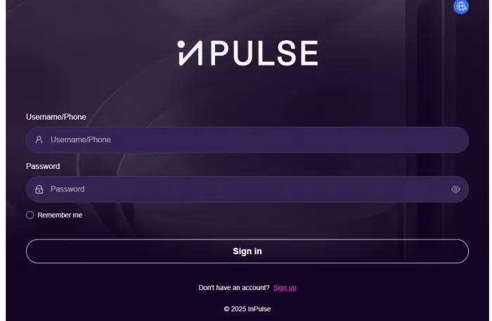 InPulse sign-in screen with username/phone and password fields