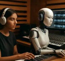 Humanoid robot playing a keyboard next to a woman wearing headphones in a music studio